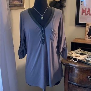 Grey w/black faux leather w/embellished pocket